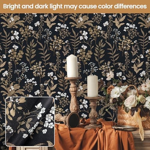 Abyssaly 34.6" x 196.8" Black and Gold Wallpaper Dark Floral Peel and Stick Wallpaper Vintage Leaf Contact Paper Removable Self Adhesive Waterproof Moody Vinyl Wrap for Bedroom Bathroom Cabinet Decor - Thumbnail 5