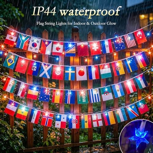 Soagrc 2026 World Cup String Lights Outdoor, 49FT 75 LED Red White Blue Stars Patriotic String Lights Indoor with 48 Country Flags USB Powered for World Cup Party, Independence Day, Sports Events, Bar - Thumbnail 5
