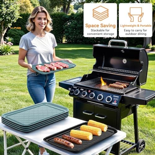 Serving Trays for Party - Set of 2, Large Serving Platters for Raw and Cooked Food, Dishwasher Safe, 17×10.5-inch Stackable Plastic Party Supplies for Grilling, BBQ, Meal Prep (Green, Black) - Thumbnail 5