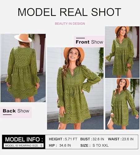 Dokotoo Womens Dresses 2026 Trendy Long Sleeve Tassel V Neck Elegant Graduation Dress Plus Size Spring Outfits Embroidered Hollow-Out Lace Cotton Midi Green Business Dresses X-Large - Thumbnail 5