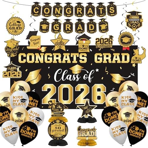 2026 Graduation Decorations Set- Class of 2026 Grad Party Decorations, Congrats Grad Banner, Backdrop, Grad Hanging Swirl, Balloons and Honeycomb Table Toppers, Graduation Party Supplies