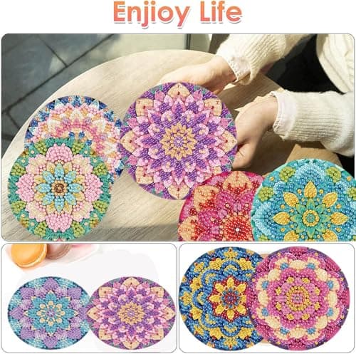 Diamond Painting Coasters Kit Mandala With Holder, DIY Mandala Diamond art Coasters Cork Wooden Pad Board Double Layer is Strong and Wear-Resistant for Beginners Adults Art Craft Supplies Gift 4X4IN - Thumbnail 2