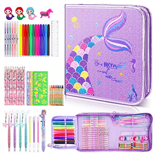 MAIGOZON Mermaid Art Craft Kit for Kids, 56 Piece Set with Pencil Case, Markers, Crayons, Gel Pens, Erasers, Stencils, Ruler