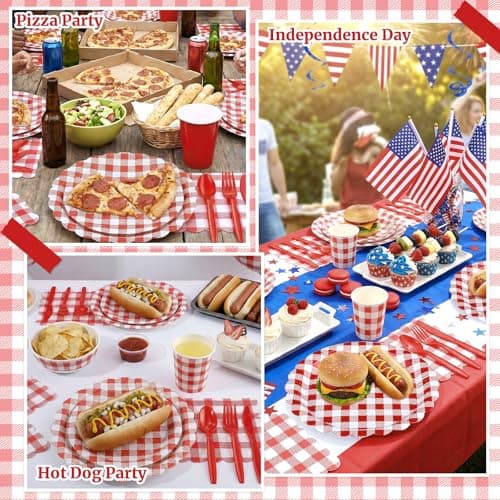 NatNarr 30 Pcs Red Gingham Plates, 9 Inch Scalloped Camping Plaid Dessert Dinner Party Plates Red and White Gingham Party Supplies for Picnic, Bbq Party, Graduation - Thumbnail 6