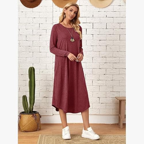 Lounge Dress for Women Long Sleeve Nightgown Midi Long Dress Loose Casual Side Slit Dresses Pocket XXL Red - Thumbnail 5