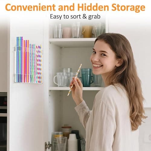 Acrylic Straw Holder for Cabinet Door - Reusable Tumbler Straw Organizer with Ultra Sticky Adhesive, Space-Saving Straws Storage Organizer for Kitchen Cupboard Door, Small Straws Container, 2 Pack - Thumbnail 4