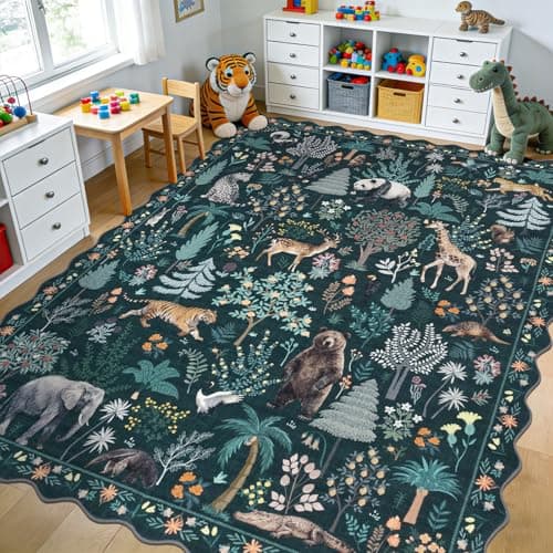 U'Artlines Jungle Animal Print Area Rug 8x10 ft, Large Machine Washable Floor Carpet, Low Pile Non Slip Wild Safari Rugs for Classroom, Living Room (Dark Green)