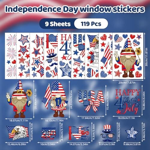 119PCS 4th of July Window Clings for Glass Windows, USA 250th Independence Day Decorations, Patriotic Static Cling Window Stickers Reusable for Home Office Party Decor, Red White Blue Window Decals - Thumbnail 4