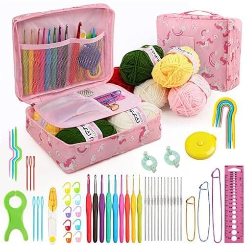 iKumar 59 Pcs Crochet Kit for Beginners Adults, Crochet Kits Include Yarn and Storage Bag, Crochet Starter Kit for Beginners, Ergonomic Crochet Hooks 2.0-6.0 mm, Lace Steel Needles 0.6-1.9 mm - Image 1