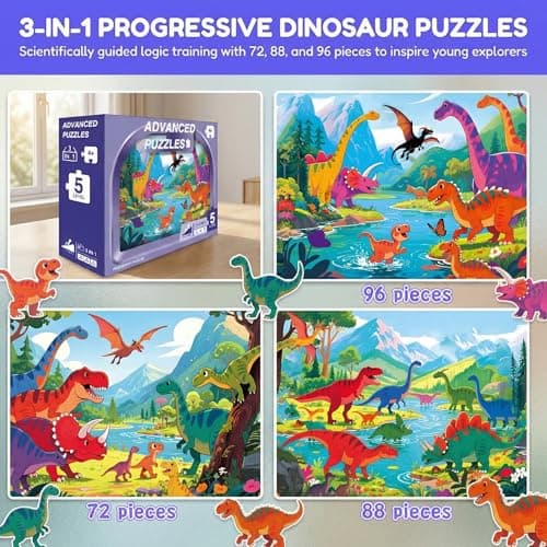 NurtureNook Dinosaur Puzzles for Kids Ages 4-6 3-5, Progressive Jigsaw Puzzle Set (72, 88, 96 Pieces), 3-in-1 Educational Learning Montessori Toys for Boys & Girls, Birthday Gift with 3 Storage Boxes - Thumbnail 2