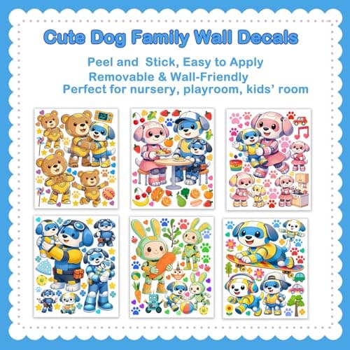 Humerry 176 PCS Robot Dog Family Wall Stickers, 6 Sheets Large Removable Peel and Stick Cartoon Puppy and Their Friends Wall Decals for Nursery, Playroom and Bedroom Decor - Thumbnail 3
