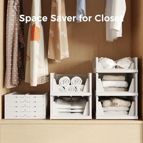 Pinkpum 5 Pack Stackable Plastic Storage Closet Organizers and Storage Bins Drawer Shelf Storage Container for Wardrobe Cupboard Kitchen Bathroom Office White - Thumbnail 5