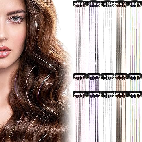 Hair Tinsel 12Pcs Clip in Hair Tinsel Extensions 20.5 Inch Fairy Hair Tinsel Kit for Girls Women Kids Glitter Hair Accessories for Christmas Halloween Cosplay Party (Lake Blue) - Thumbnail 4