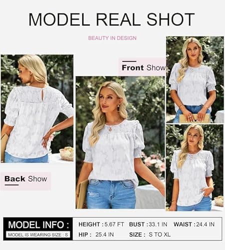 Dokotoo Womens Tops Half Sleeve Shirred Blouses for Women Dressy Casual Crewneck Lace Textured Flowy White Shirts for Women Small - Thumbnail 2