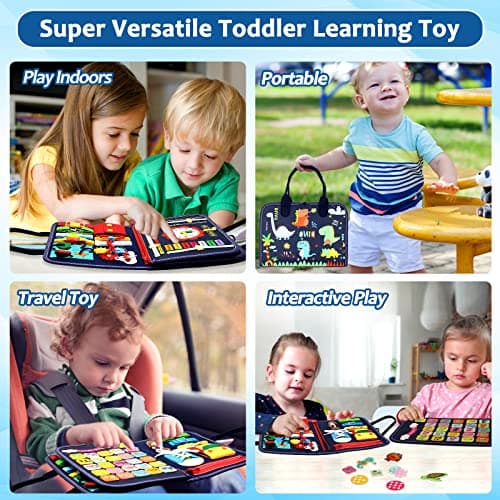 Qizfun Montessori Busy Board & Busy Book for Toddlers – Sensory & Learning Toy That Keeps Kids Busy, Travel Toy for Airplane & Car, Screen for Boys & Girls (Blue/P4) - Thumbnail 4