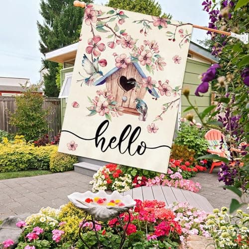 Baccessor Spring House Flag, Pink Bird House Cherry Blossoms Large Yard Flag for Outside Double Sided Burlap Porch Decor 28 x 40 Inch - Thumbnail 3