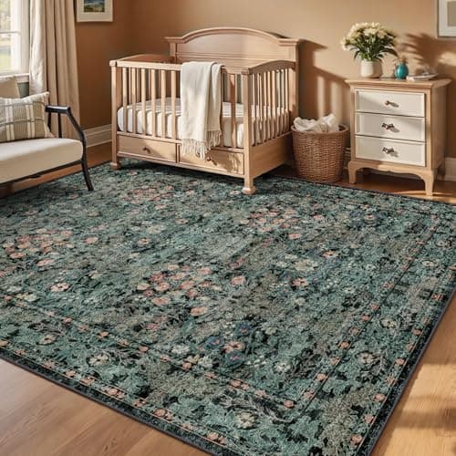 Dark Green Boho 5x7 Area Rugs for Bedroom Aesthetic, Washable Floral Rug for Living Room, Nursery - Low Pile Non Slip French Country Carpet for Dining Room Under Table - Botanical Mat for Indoor - Thumbnail 5