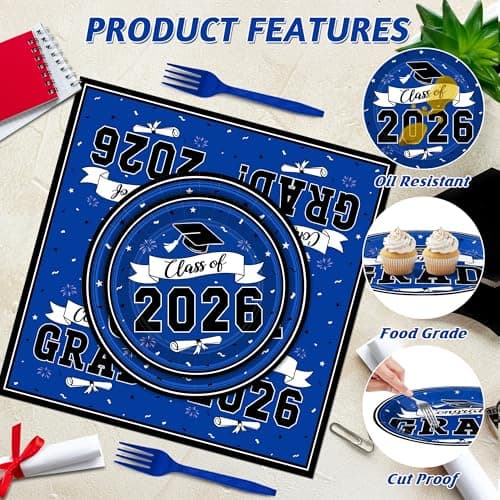 122 Pcs Graduation Decorations 2026 Set Serves 30, Graduation Plates and Napkins, Disposable Class of 2026 Grad Decorations, Blue Congrats Grad Paper Dinnerware Table Decor for Party - Thumbnail 3