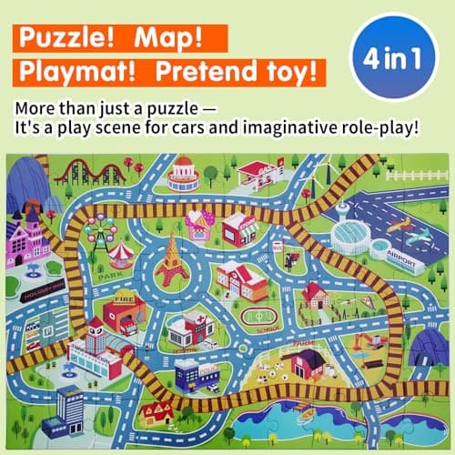 Beeqoo Jumbo Floor Puzzle for Kids Ages 3-5, Giant City Race Tracks Jigsaw Puzzles for Toddler 2-4 (60pcs 35.4x23.4 Inch Extra-Thick Cardboard), Educational Preschool Toy for 4-6 Year Old - Thumbnail 2