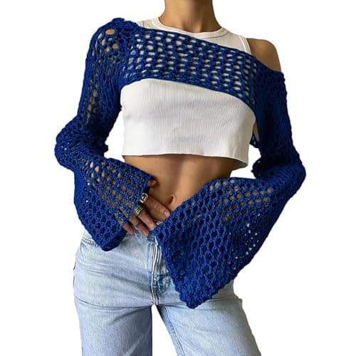 hathne Women Hollow Out Sweater Crop Flounce Off See Through Crochet Top Trumpet Long Sleeve Knit Top(Dark Blue,XL) - Image 1