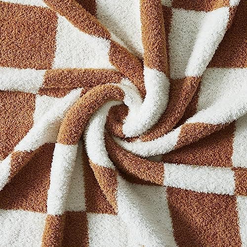 WRENSONGE Fall Checkered Throw Blanket, Burnt Orange Soft Cozy Fluffy Warm Hand Made Throw Blankets for Couch, Sofa, Chair, Bed, Camping, Picnic, Travel Lightweight Bed Blanket - 50"*60" - Thumbnail 5
