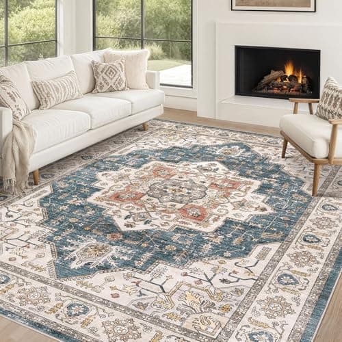 Area Rug 12x15 Washable Vintage - Soft Traditional Rugs for Living Room Large Non Slip Backing with Low Pile Farmhouse Oriental Retro Carpet for Bedroom Dining Room or Home Office - Blue