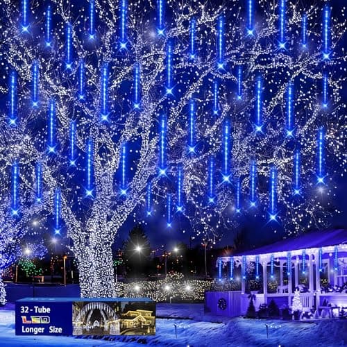 Christmas Lights Outdoors, 32 Tubes(Equivalent to 4 Sets of 8-Tubes) Meteor Shower Rain Lights - Blue lcicle Christmas Light Outdoor for Xmas Tree Wedding Party Holiday House Yard Decor, UL Plug - Image 1
