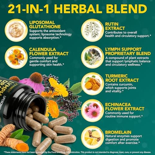 Lymphatic Drainage Supplements, Lymphatic Drainage Capsules - Wellness Complex 21 in 1 Aescia, Turmeric, Bromelain, Echinacea & More - Lymph System Support Capsules (90pcs(1 Pack)) - Thumbnail 3