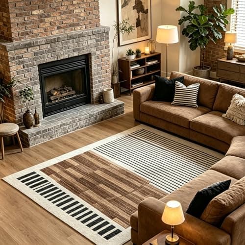 YIHOUSE 8x10 Washable Area Rugs for Living Room, Brown Black and White Striped Rug for Bedroom Non Slip Low Pile, Minimalist Modern Geometric Carpet for Room Office Home Decor - Thumbnail 2