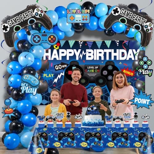 Video Game Party Decorations Set – 75PCS Gamer Birthday Supplies with Gaming ON Backdrop, Table Cover, Hanging Swirls, Cake Toppers, Foil Balloons for Boys & Kids - Thumbnail 2