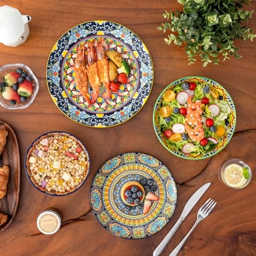 vancasso 16 Pieces Plates and Bowls Set, Bohemian Style Dinnerware Sets Service for 4, Porcelain Boho Dishes Set for Kitchen, Housewaring Gift, Dishwasher and Microwave Safe, Series KRVI - Thumbnail 6