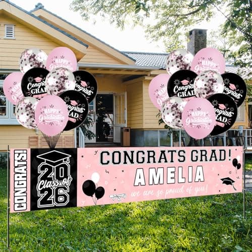 Graduation Party Decorations, Pink Personalized Class of 2026 Graduation Banner with 78 Alphabet Stickers and Balloons, Congrats Banner for College High School Party Supplies - Image 1