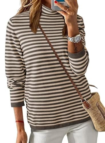 Dokotoo Spring Sweaters for Women 2026 Trendy Turtleneck Khaki Striped Pullover Shirts Knit Sweater Casual Long Sleeve Jumpers Tops Shirts Sweaters Medium - Thumbnail 2