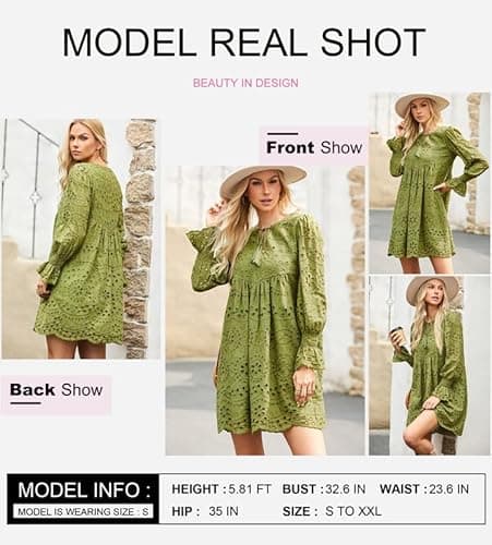 Dokotoo Womens Dresses 2026 Trendy Long Sleeve Tassel V Neck Elegant Graduation Dress Plus Size Spring Outfits Embroidered Hollow-Out Lace Cotton Midi Green Business Dresses X-Large - Thumbnail 4