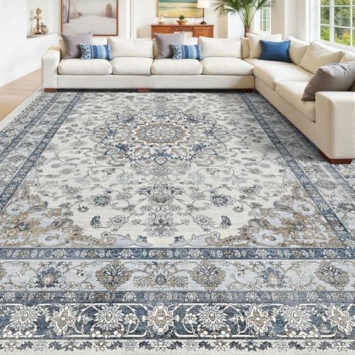 Large 9x12 Area Rug for Living Room - Blue Washable Vintage Soft Low Pile & Non Slip Rug for Bedroom, Dining Room Under Table - Non Shedding & Stain Resistant Carpet, Oriental Soft Accent Mat - Image 1
