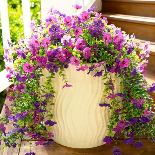 Fanfantoey 4Pcs Artificial Flowers for Outdoors, Realistic Fake Hanging Flowers Plants, UV Resistant Fake Flowers, Faux Silk Daisy Flower Vines for Planter Outside Decor(Double Purple) - Image 1