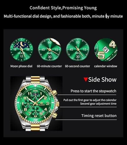 OLEVS Male Green Watches Chronograph Luxury Dress Moon Phase Numeral Stainless Steel Waterproof Luminous Business Casual Wrist Watch - Thumbnail 5