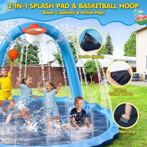 Instraella Splash Pad for Kids and Dog, 110" 2-in-1 Large Sprinkler Mat with Basketball Hoop and Arch for Kids Outdoor Play, Shoot Game for Backyard, Inflatable Water Toys More Fun for Boys and Girls - Thumbnail 4
