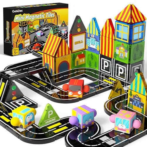 GobiDex Magnetic Tiles Road Building with 4 Cars, 60 PCS Mini Rails Magnet Tiles Travel Toys Trip Essentials for Kids, STEM Montessori Sensory Learning, Birthday Gift for Boys Girls Ages 3 4 5+ - Image 1