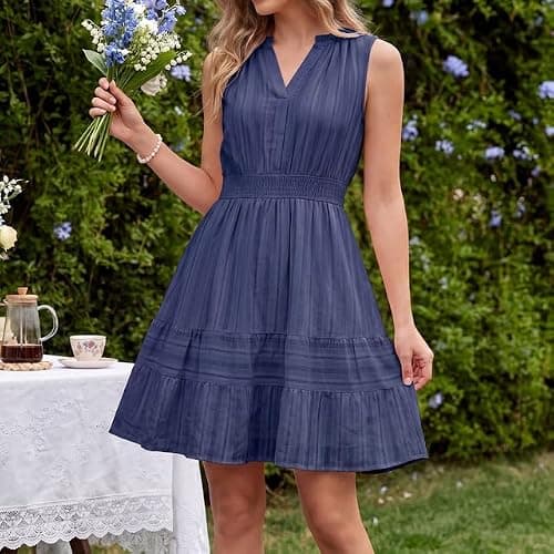 Modelshow Summer Dresses for Women 2026 Casual Mini Sundress V Neck Sleeveless A Line Flowy Boho Beach Dress with Pockets Navy Blue - Thumbnail 2