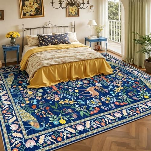8x10 Blue Farmhouse Rugs for Living Room - Large Unique Washable Area Rug for Bedroom, Dining Room Under Table, Floral & Animal Design, Low Pile Soft Carpet - Thumbnail 4