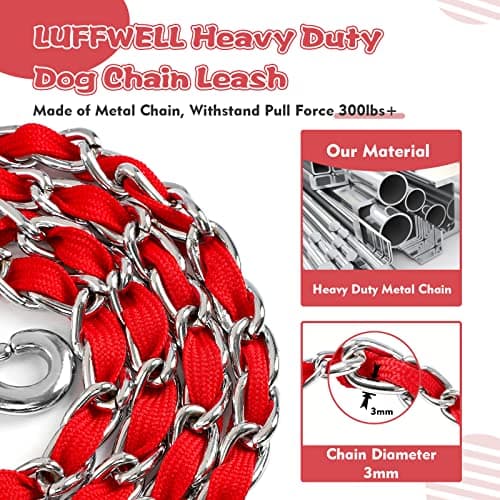 LUFFWELL Heavy Duty Metal Dog Chain Leash with Comfortable PU Leather Padded Handle, Chew Proof for Medium Large Pooch Walking Training (6FT 3.0mm Red) - Thumbnail 2