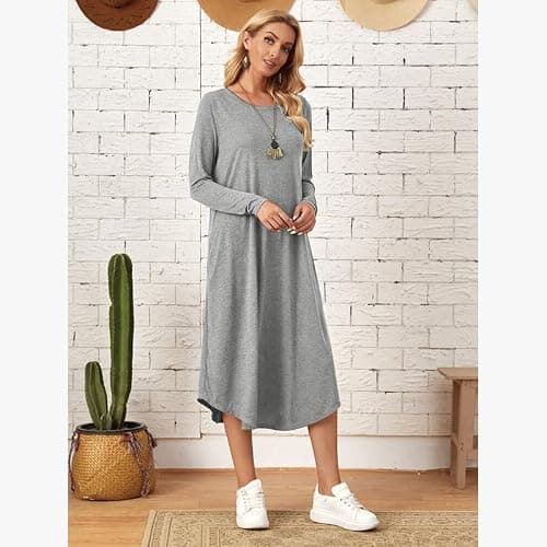 Lounge Dress for Women Long Sleeve Nightgown Midi Long Dress Loose Casual Side Slit Dresses Pocket XXL Grey - Thumbnail 2