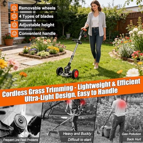 Cordless Weed Wacker Electric Weed Wacker 21V Battery Powered Brush Cutter 3-in-1 Lightweight Grass Trimmer Weed Cutter Lawn Edger with 3 Types Blade & Wheels for Lawn Garden Yard Care - Thumbnail 4