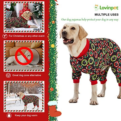 LovinPet Dog Christmas Onesies for Large Dogs, Xmas Holiday Dog Costume,Long Sleeve Lightweight Pullover, Joy Holiday Wreaths Black Prints, Pjs for Dogs, Pitbull Clothes, Christmas Outfit, XL - Thumbnail 5