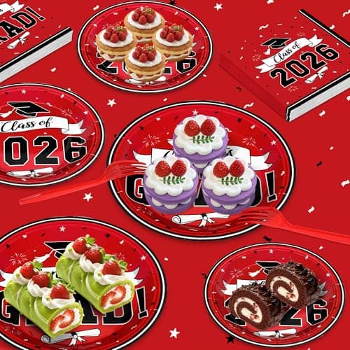 QZYL 122 Pcs Graduation Decorations 2026 Set, Disposable Class of 2026 Graduation Dinnerware, Red Grad Plates and Napkins Forks Tablecloth Congrats Grad Paper Dinnerware Serve 30 Party Decorations - Thumbnail 6
