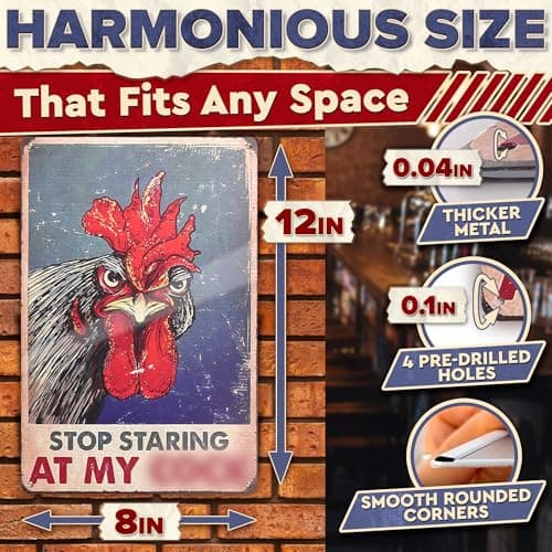 Chicken Coop Sign 8 x 12 Inches – Stop Staring at My Sign, Rooster Decor – Lightweight Durable Tin Metal, Fade-Resistant, Easy to Install, Indoor and Outdoor Use | Chicken Coop Accessories & Gifts - Thumbnail 2
