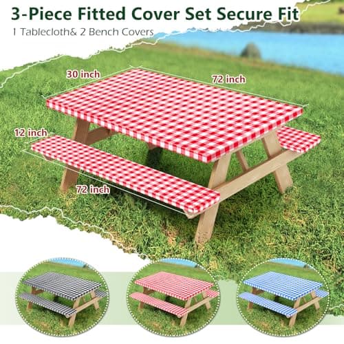 Nimalpal Picnic Table Cover with Bench Covers and Bag, Camping Essentials Camping Table Cover with Elastic Edges, 72x30 Inches 3 Pcs Set (Red) - Thumbnail 2