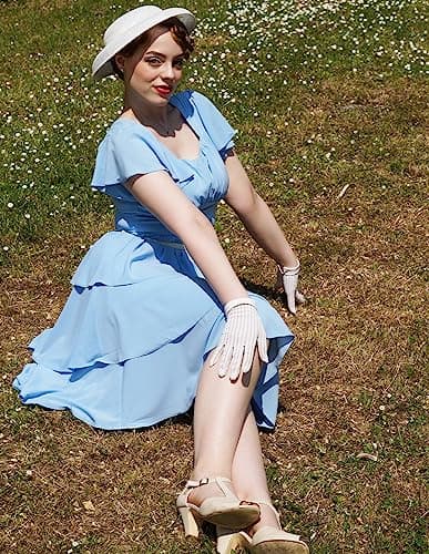 Women's Vintage Light Blue Sun Dress 2026 Summer Short Sleeve Tiered Ruffle Layered A-line Swing Bridal Shower Dress 2XL - Thumbnail 4
