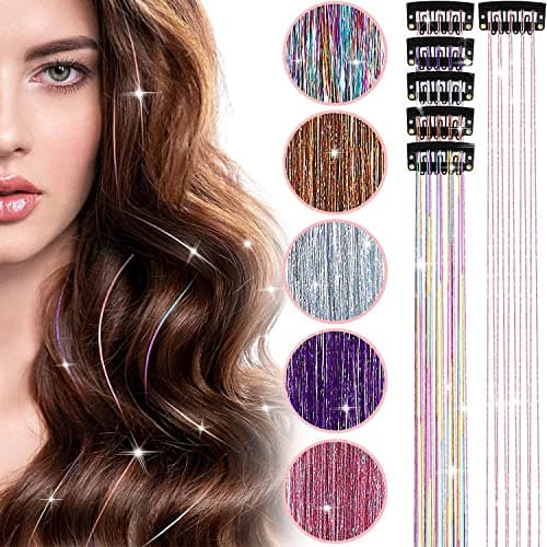 Hair Tinsel 12Pcs Clip in Hair Tinsel Extensions 20.5 Inch Fairy Hair Tinsel Kit for Girls Women Kids Glitter Hair Accessories for Christmas Halloween Cosplay Party (Purple) - Thumbnail 6